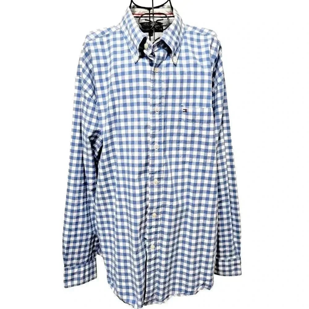 Tommy Hilfiger Button Up Shirt XL Men's White Blue Check Long Sleeve 100% Cotton